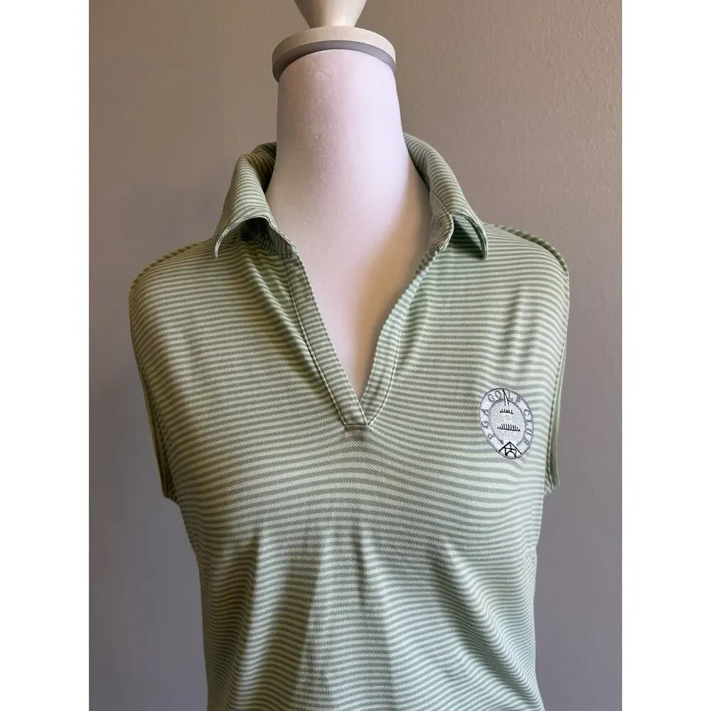 Nike Golf Shirt Womens Green White Striped Sleeveless Polo Tank Logo PGA Tour S